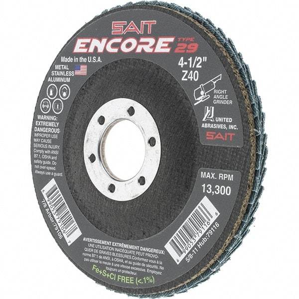 Sait - 40 Grit, 4-1/2" Disc Diam, 7/8" Center Hole, Type 29 Zirconia Alumina Flap Disc - 13,300 Max RPM, Fiberglass Backing, Arbor Attaching System, Coated - Eagle Tool & Supply