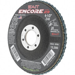 Sait - 40 Grit, 4-1/2" Disc Diam, 7/8" Center Hole, Type 29 Zirconia Alumina Flap Disc - 13,300 Max RPM, Fiberglass Backing, Arbor Attaching System, Coated - Eagle Tool & Supply