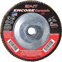 Sait - 40 Grit, 4-1/2" Disc Diam, 5/8-11 Center Hole, Type 27 Ceramic Flap Disc - 13,300 Max RPM, Fiberglass Backing, Arbor Attaching System, Coated - Eagle Tool & Supply