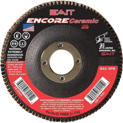 Sait - 80 Grit, 5" Disc Diam, 7/8" Center Hole, Type 27 Ceramic Flap Disc - 12,200 Max RPM, Fiberglass Backing, Arbor Attaching System, Coated - Eagle Tool & Supply