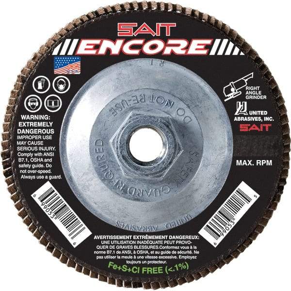 Sait - 36 Grit, 4-1/2" Disc Diam, 5/8-11 Center Hole, Type 27 Zirconia Alumina Flap Disc - 13,300 Max RPM, Fiberglass Backing, Arbor Attaching System, Coated - Eagle Tool & Supply