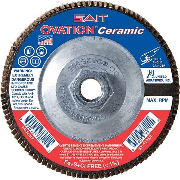 Sait - 60 Grit, 5" Disc Diam, 5/8-11 Center Hole, Type 27 Ceramic Flap Disc - 12,200 Max RPM, Fiberglass Backing, Arbor Attaching System, Coated - Eagle Tool & Supply