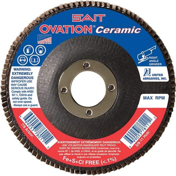 Sait - 60 Grit, 5" Disc Diam, 7/8" Center Hole, Type 27 Ceramic Flap Disc - 12,200 Max RPM, Fiberglass Backing, Arbor Attaching System, Coated - Eagle Tool & Supply
