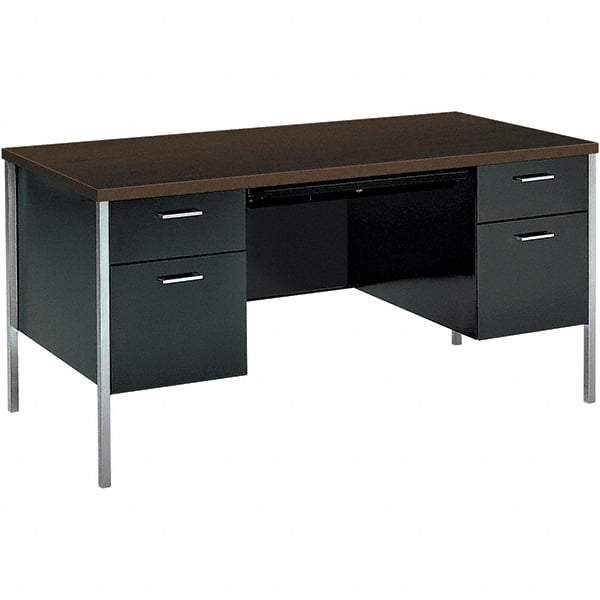 Hon - Woodgrain Laminate Double Pedestal Desk with Center Drawer - 60" Wide x 30" Deep x 29-1/2" High, Mocha/Black - Eagle Tool & Supply