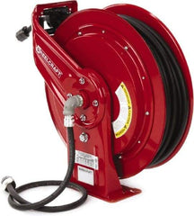 Reelcraft - 12 AWG, 100' Cable Length, Cord & Cable Reel with Outlet End - 1 Outlet, NEMA 5-15R, 15 Amps, 125 Volts, SEOOW Cable, Red Reel, Spring Driven Reel - Eagle Tool & Supply