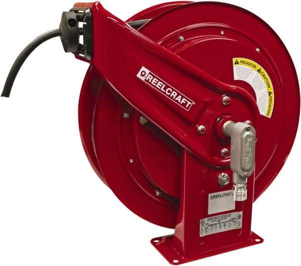 Reelcraft - 12 AWG, 75' Cable Length, Cord & Cable Reel with Flying Lead End - 0 Outlets, 20 Amps, 125 Volts, SEOOW Cable, Red Reel, Spring Driven Reel - Eagle Tool & Supply