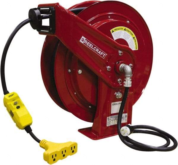 Reelcraft - 12 AWG, 100' Cable Length, Cord & Cable Reel with Triple-Tap with GFCI End - 3 Outlets, NEMA 5-15R, 15 Amps, 125 Volts, SEOOW Cable, Red Reel, Spring Driven Reel - Eagle Tool & Supply