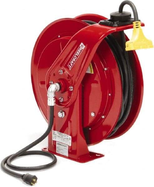 Reelcraft - 12 AWG, 100' Cable Length, Cord & Cable Reel with Triple-Tap Outlet End - 3 Outlets, NEMA 5-15R, 15 Amps, 125 Volts, SEOOW Cable, Red Reel, Spring Driven Reel - Eagle Tool & Supply