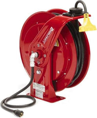 Reelcraft - 12 AWG, 100' Cable Length, Cord & Cable Reel with Triple-Tap Outlet End - 3 Outlets, NEMA 5-15R, 15 Amps, 125 Volts, SEOOW Cable, Red Reel, Spring Driven Reel - Eagle Tool & Supply