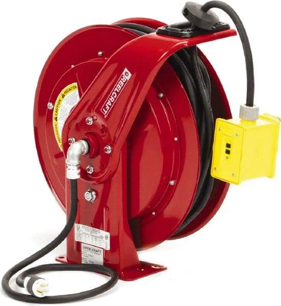 Reelcraft - 12 AWG, 100' Cable Length, Cord & Cable Reel with Duplex GFCI Outlet Box End - 2 Outlets, NEMA 5-15R, 15 Amps, 125 Volts, SEOOW Cable, Red Reel, Spring Driven Reel - Eagle Tool & Supply