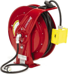 Reelcraft - 12 AWG, 100' Cable Length, Cord & Cable Reel with Duplex GFCI Outlet Box End - 2 Outlets, NEMA 5-20R, 20 Amps, 125 Volts, SEOOW Cable, Red Reel, Spring Driven Reel - Eagle Tool & Supply