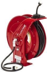 Reelcraft - 12 AWG, 100' Cable Length, Cord & Cable Reel with Outlet End - 1 Outlet, NEMA 5-20R, 20 Amps, 125 Volts, SEOOW Cable, Red Reel, Spring Driven Reel - Eagle Tool & Supply