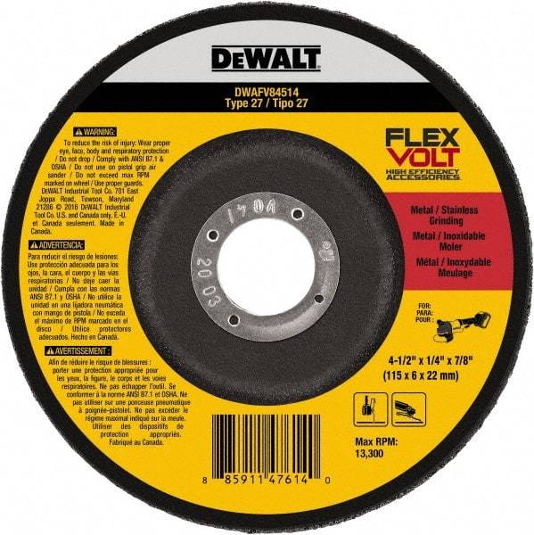 DeWALT - 4-1/2" Wheel Diam, 1/4" Wheel Thickness, 7/8" Arbor Hole, Type 27 Depressed Center Wheel - Fine/Coarse Grade, Ceramic, 13,300 Max RPM - Eagle Tool & Supply