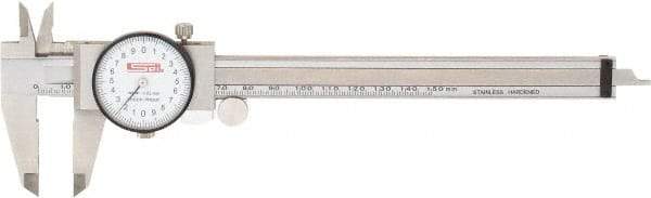 SPI - 0mm to 150mm Range, 0.02 mm Graduation, 2mm per Revolution, Dial Caliper - White Face, 40mm Jaw Length, Accurate to 0.02mm - Eagle Tool & Supply