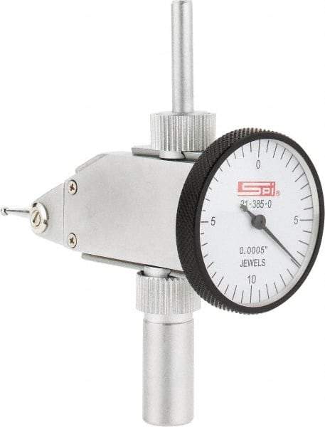 SPI - 0.02" Range, 0.0005" Dial Graduation, Vertical Dial Test Indicator - 1-1/4" White Dial, 0-10-0 Dial Reading, Accurate to 0.0005" - Eagle Tool & Supply