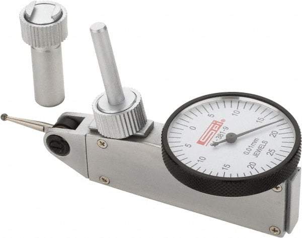 SPI - 0.5mm Range, 0.01mm Dial Graduation, Horizontal Dial Test Indicator - 32mm White Dial, 0-25-0 Dial Reading, Accurate to 0.013mm - Eagle Tool & Supply
