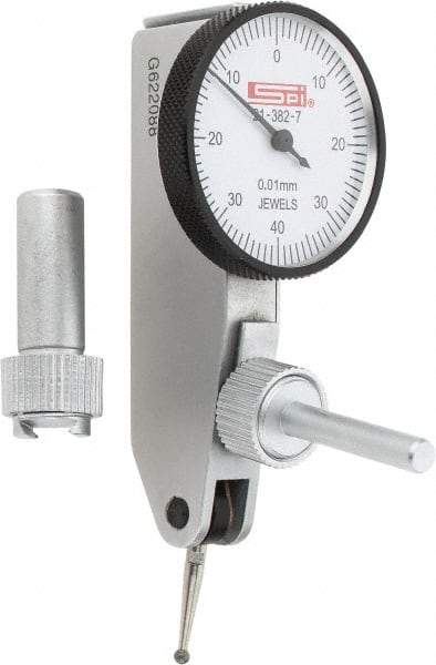 SPI - 0.8mm Range, 0.01mm Dial Graduation, Horizontal Dial Test Indicator - 32mm White Dial, 0-40-0 Dial Reading, Accurate to 0.013mm - Eagle Tool & Supply