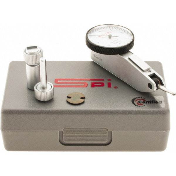 SPI - 0.008" Range, 0.0001" Dial Graduation, Horizontal Dial Test Indicator - 1-1/4" White Dial, 0-4-0 Dial Reading, Accurate to 0.0001" - Eagle Tool & Supply
