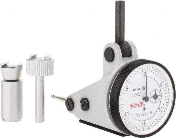 SPI - 0.06" Range, 0.0005" Dial Graduation, Vertical Dial Test Indicator - 1-3/16" White Dial, 0-15-0 Dial Reading, Accurate to 0.0012" - Eagle Tool & Supply