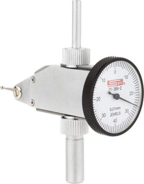 SPI - 0.8mm Range, 0.01mm Dial Graduation, Vertical Dial Test Indicator - 32mm White Dial, 0-40-0 Dial Reading, Accurate to 0.013mm - Eagle Tool & Supply
