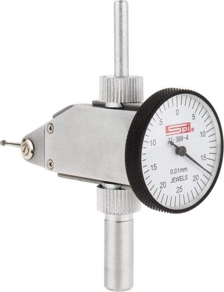 SPI - 0.5mm Range, 0.01mm Dial Graduation, Vertical Dial Test Indicator - 32mm White Dial, 0-25-0 Dial Reading, Accurate to 0.013mm - Eagle Tool & Supply