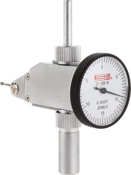 SPI - 0.03" Range, 0.0005" Dial Graduation, Vertical Dial Test Indicator - 1-1/4" White Dial, 0-15-0 Dial Reading, Accurate to 0.0005" - Eagle Tool & Supply