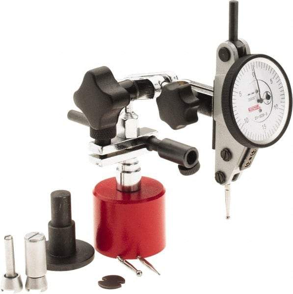 SPI - 9 Piece, 0" to 0.06" Measuring Range, 1-1/2" Dial Diam, 0-15-0 Dial Reading, White Dial Test Indicator Kit - 0.0012" Accuracy, 0.86" Contact Point Length, 0.079" Ball Diam, 0.0005" Dial Graduation - Eagle Tool & Supply