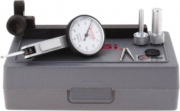 SPI - 8 Piece, 0mm to 1mm Measuring Range, 32mm Dial Diam, 0-50-0 Dial Reading, White Dial Test Indicator Kit - 0.013mm Accuracy, 21.5mm Contact Point Length, 2mm Ball Diam, 0.01mm Dial Graduation - Eagle Tool & Supply