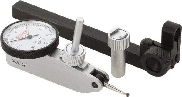 SPI - 8 Piece, 0mm to 0.8mm Measuring Range, 32mm Dial Diam, 0-40-0 Dial Reading, White Dial Test Indicator Kit - 0.013mm Accuracy, 17.3mm Contact Point Length, 2mm Ball Diam, 0.01mm Dial Graduation - Eagle Tool & Supply