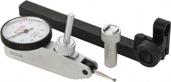SPI - 8 Piece, 0mm to 0.5mm Measuring Range, 32mm Dial Diam, 0-25-0 Dial Reading, White Dial Test Indicator Kit - 0.013mm Accuracy, 17.3mm Contact Point Length, 2mm Ball Diam, 0.01mm Dial Graduation - Eagle Tool & Supply