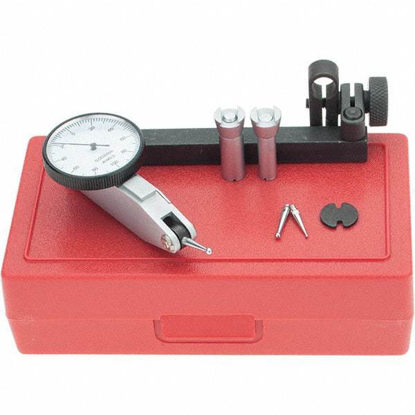SPI - 8 Piece, 0mm to 0.2mm Measuring Range, 32mm Dial Diam, 0-100-0 Dial Reading, White Dial Test Indicator Kit - 0.04mm Accuracy, 16.2mm Contact Point Length, 2mm Ball Diam, 0.002mm Dial Graduation - Eagle Tool & Supply