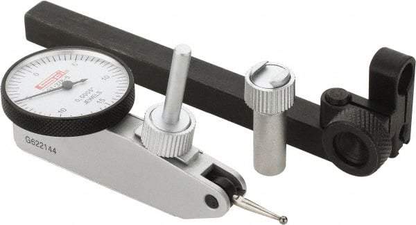 SPI - 8 Piece, 0" to 0.03" Measuring Range, 1-1/4" Dial Diam, 0-15-0 Dial Reading, White Dial Test Indicator Kit - 0.0005" Accuracy, 0.64" Contact Point Length, 0.079" Ball Diam, 0.0005" Dial Graduation - Eagle Tool & Supply