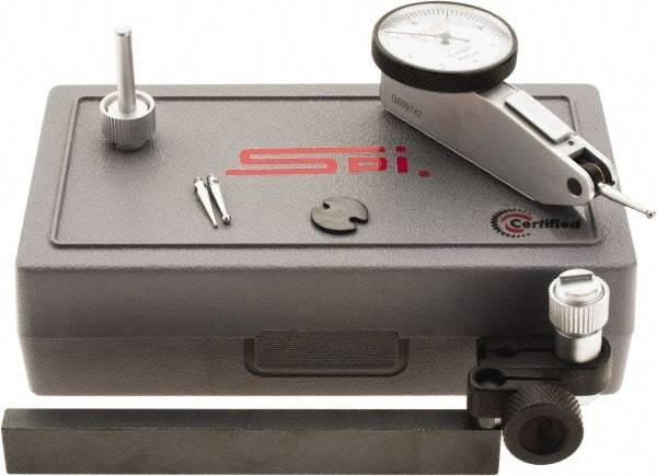 SPI - 8 Piece, 0" to 0.008" Measuring Range, 1-1/4" Dial Diam, 0-4-0 Dial Reading, White Dial Test Indicator Kit - 0.0001" Accuracy, 0.64" Contact Point Length, 0.079" Ball Diam, 0.0001" Dial Graduation - Eagle Tool & Supply