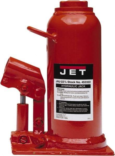 Jet - 22.5 Ton Capacity Hydraulic Bottle Jack - 10.63" to 16-7/8" High, 1-1/2" Screw Length, 7-1/8" Long x 5-1/2" Wide Base - Eagle Tool & Supply