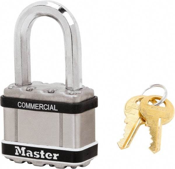 Master Lock - 1-1/2" Shackle Clearance, Keyed Alike Padlock - 3/8" Shackle Diam, Laminated Steel - Eagle Tool & Supply