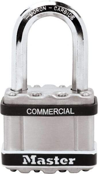 Master Lock - 2-1/2" Shackle Clearance, Keyed Different Padlock - 3/8" Shackle Diam, Laminated Steel - Eagle Tool & Supply