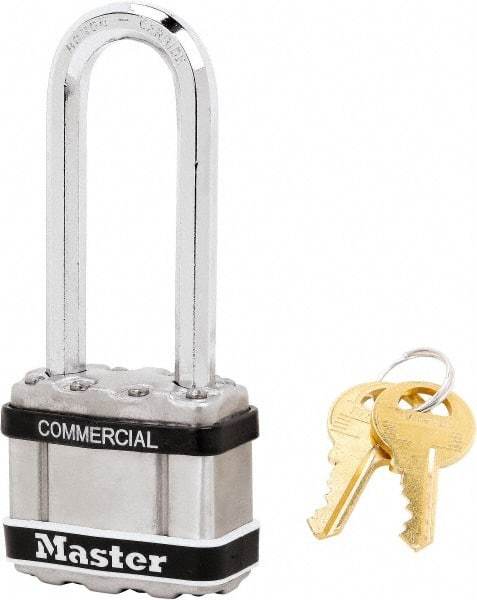 Master Lock - 2-1/2" Shackle Clearance, Keyed Different Padlock - 5/16" Shackle Diam, Laminated Steel - Eagle Tool & Supply