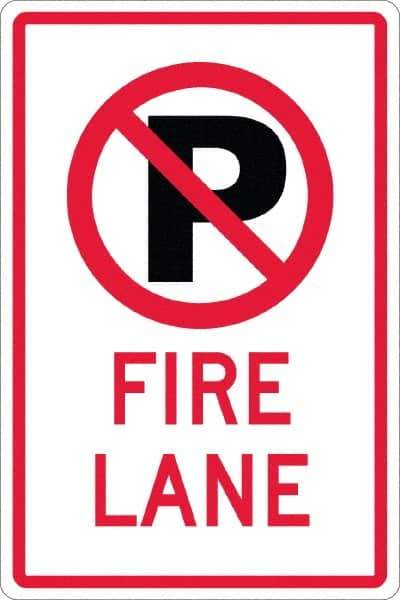 NMC - "Fire Lane", "Strike on P", 12" Wide x 18" High, Aluminum No Parking & Tow Away Signs - 0.08" Thick, Red & Black on White, High Intensity Reflectivity, Rectangle, Post Mount - Eagle Tool & Supply