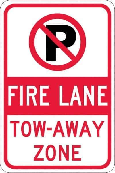 NMC - "Fire Lane Tow-Away Zone", "Strike on P", 12" Wide x 18" High, Aluminum No Parking & Tow Away Signs - 0.08" Thick, Red & Black on White, Engineer Grade Reflectivity, Rectangle, Post Mount - Eagle Tool & Supply