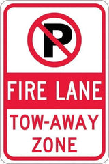 NMC - "Fire Lane Tow-Away Zone", "Strike on P", 12" Wide x 18" High, Aluminum No Parking & Tow Away Signs - 0.08" Thick, Red & Black on White, Engineer Grade Reflectivity, Rectangle, Post Mount - Eagle Tool & Supply