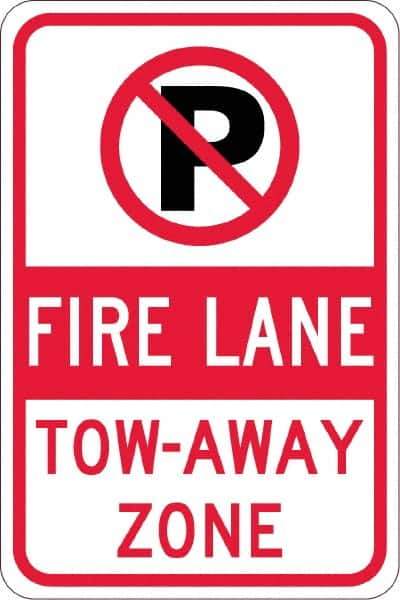 NMC - "Fire Lane Tow-Away Zone", "Strike on P", 12" Wide x 18" High, Aluminum No Parking & Tow Away Signs - 0.08" Thick, Red & Black on White, High Intensity Reflectivity, Rectangle, Post Mount - Eagle Tool & Supply