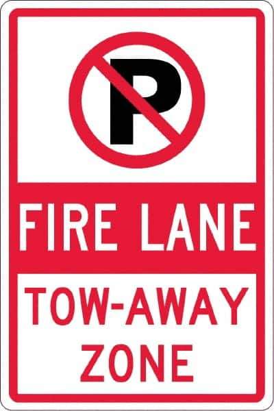 NMC - "Fire Lane Tow-Away Zone", "Strike on P", 12" Wide x 18" High, Aluminum No Parking & Tow Away Signs - 0.063" Thick, Red & Black on White, Rectangle, Post Mount - Eagle Tool & Supply