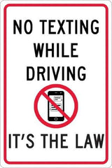 NMC - "No Texting While Driving It's The Law", "Strike on Cell Phone", 12" Wide x 18" High, Aluminum Warning & Safety Reminder Signs - 0.063" Thick, Red & Black on White, Rectangle, Post Mount - Eagle Tool & Supply