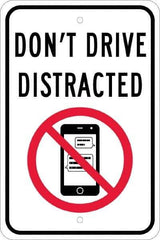 NMC - "Don't Drive Distracted", "Strike on Cell Phone", 12" Wide x 18" High, Aluminum Warning & Safety Reminder Signs - 0.08" Thick, Red & Black on White, Engineer Grade Reflectivity, Rectangle, Post Mount - Eagle Tool & Supply