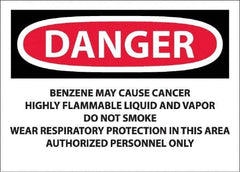 NMC - "Danger - Benzene May Cause Cancer", 10" Long x 14" Wide, Pressure-Sensitive Vinyl Safety Sign - Rectangle, 0.0045" Thick, Use for Hazardous Materials - Eagle Tool & Supply