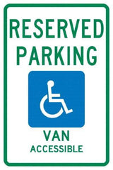 NMC - "Reserved Parking Van Accessible", "Handicap Symbol", 12" Wide x 18" High, Aluminum ADA Signs - 0.04" Thick, Green & Blue on White, Rectangle, Post Mount - Eagle Tool & Supply