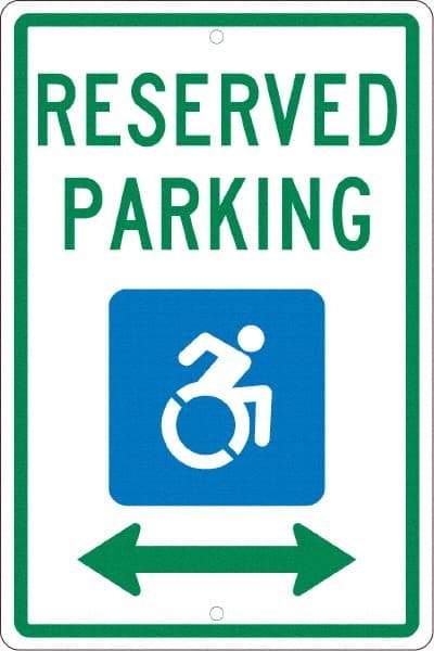 NMC - "Reserved Parking", "Handicap Symbol", 12" Wide x 18" High, Aluminum ADA Signs - 0.063" Thick, Green & Blue on White, Rectangle, Post Mount - Eagle Tool & Supply