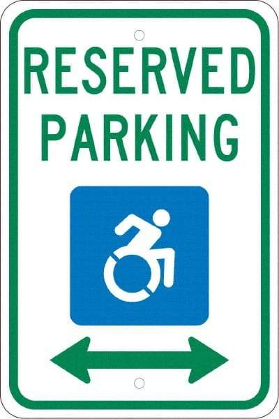 NMC - "Reserved Parking", "Handicap Symbol", 12" Wide x 18" High, Aluminum ADA Signs - 0.08" Thick, Green & Blue on White, Engineer Grade Reflectivity, Rectangle, Post Mount - Eagle Tool & Supply