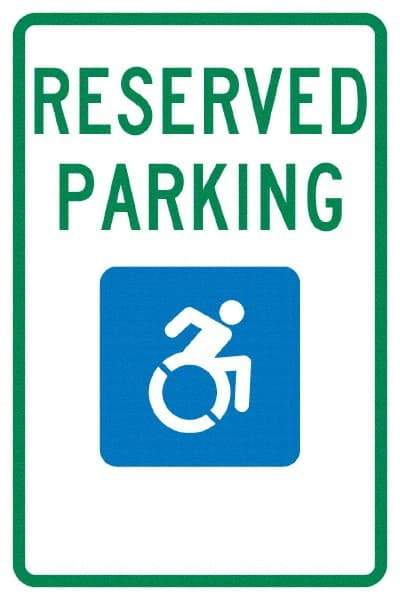 NMC - "Reserved Parking", "Handicap Symbol", 12" Wide x 18" High, Aluminum ADA Signs - 0.04" Thick, Green & Blue on White, Rectangle, Post Mount - Eagle Tool & Supply