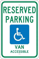 NMC - "Reserved Parking Van Accessible", "Handicap Symbol", 12" Wide x 18" High, Aluminum ADA Signs - 0.08" Thick, Green & Blue on White, Engineer Grade Reflectivity, Rectangle, Post Mount - Eagle Tool & Supply